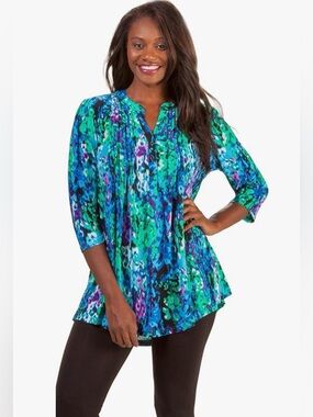 LA CERA Tunic Tops 3/4 Sleeve Poly Blend Pleated Top - Wishing Well